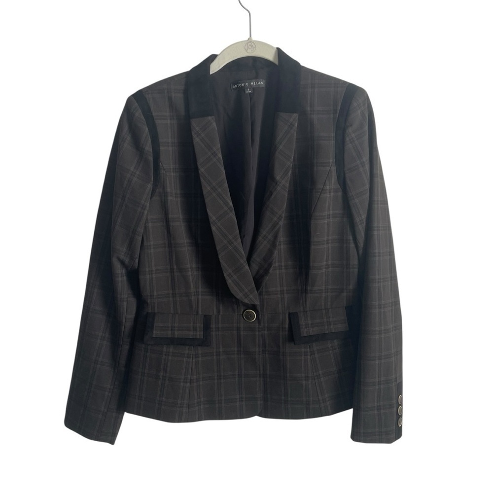 Antonio Melanie Blazer dark academia plaid velvet collar one button size 6 EUC